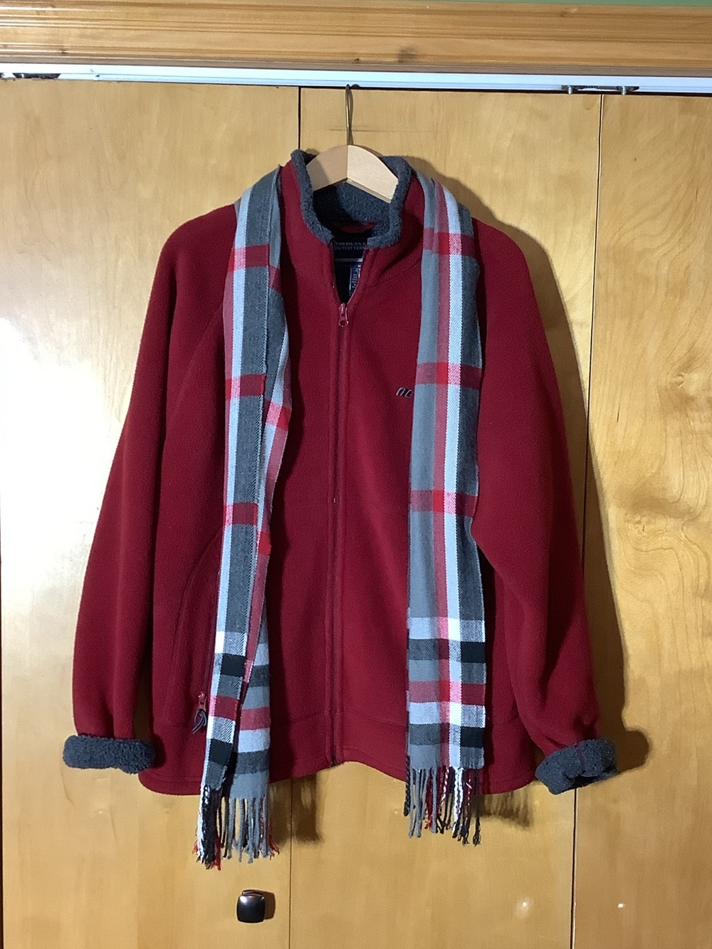 American Eagle red and gray arctic fleece coat with scarf, size medium